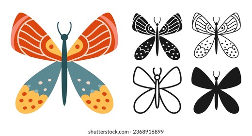 Butterfly doodle retro set. Mystical bohemian moth symbol insect wings with ornament. Colored, silhouette or symbol, doodle tattoo, line ornate celestial moth. Vintage decoration ornate kids vector