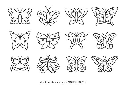 Juego de doodles de mariposa. Elegante icono exótico mariposa y polillas ilustración de dibujo. Resumen estilizado insecto tropical, alas negras de contorno. Niños de la vida salvaje dibujados a mano vector de diseño de símbolos