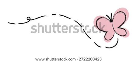 Butterfly doodle vector illustration with dashed flight line and pastel pink color. Hand drawn romantic design for greeting cards, stickers and posters.