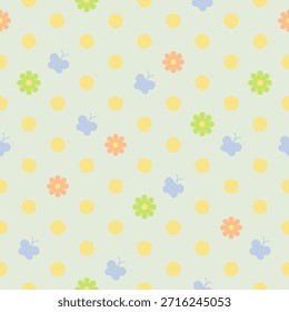 Patrón de mariposa, punto y flor sin fisuras dispuesto en línea. Dibujado a mano mariposas de dibujos animados, círculo y flora Vector simple para una niña, impresión, papel, textiles, tarjeta.