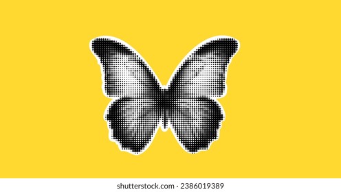 Butterfly in dots. Collage element in halftone effect. Pop art illustration on bright yellow background. Vector png. 