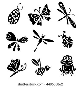 Butterfly, dragonfly, bee, ladybug, frog. Hand drawn black silhouette isolated on white background set