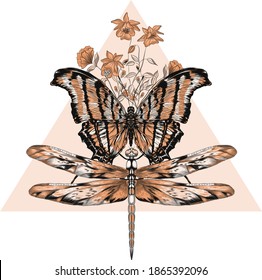 butterfly and dragonfly black  brown monochrome triangle vector illustration