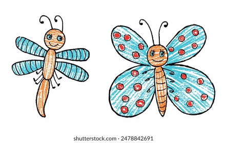 Butterfly and dragonfly cartoon cheerful textured contour drawings, vector hand drawn illustration isolated on white