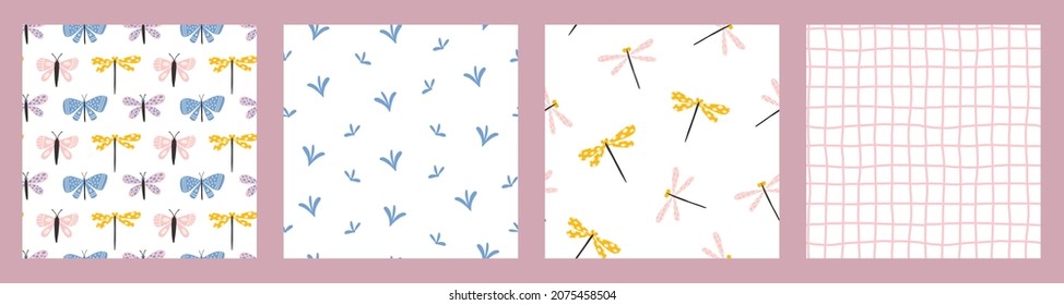 Butterfly, dragonfly, gingham seamless pattern collection. Cute doodle hand drawn insects in trendy pastel colors. Sweet funny scandinavian prints for kids textile. Delicate and trendy design.