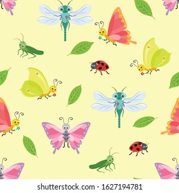 Butterfly, dragonfly, grasshopper and ladybug seamless pattern. Vector illustration of cute funny insects and bugs and green leaves on a yellow background. Cartoon, flat, children's style.