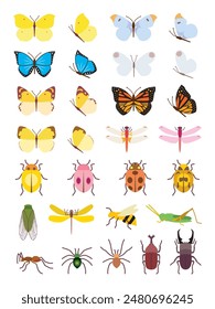 Butterfly, dragonfly, ladybug, cicada, bee, grasshopper, ant, spider, rhinoceros beetle, stag beetle illustration