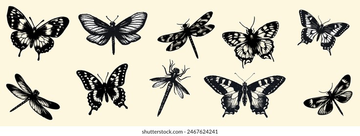 Mariposa, libélula con un efecto de fotocopia grunge punteado grano textura desordenada.  Anuncio de Ilustración vectorial estética y2k de moda, cubierta, etiqueta, póster, anuncios.