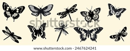 Butterfly, dragonfly with a photocopy effect grunge stippling grain messy texture.  Trendy y2k aesthetic vector illustration banner, cover,  label, poster, ads.