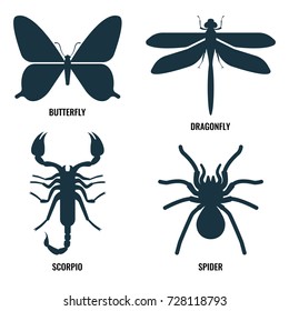 Butterfly and dragonfly, scorpio and spider on vector illustration