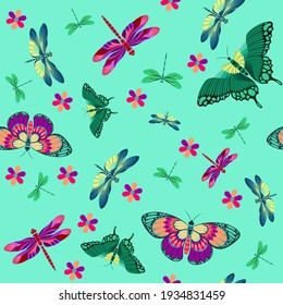 Butterfly and Dragonfly Vector Patern in Blue Sky Background