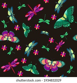 Butterfly and Dragonfly Vector Patern in Dark Background