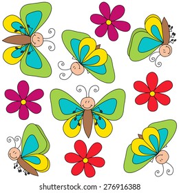 Butterfly drawing with flowers vector illustration seamless pattern