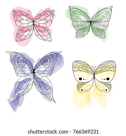 butterfly drawn with a black outline and brushstrokes simulates watercolor.