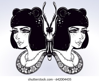 Butterfly is drawn in a boho style of an old tattoo, portrait of a young anime-style lady is placed on butterfly's wings. Boho,tattoo,spirituality, poster, print,character design. Vector illustration.