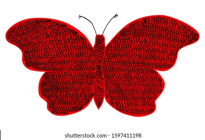The butterfly is drawn by a line in the form of repeating curls. Butterfly on red with black curls.