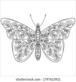 butterfly drawn for coloring on a white background with leaves and flowers, vector