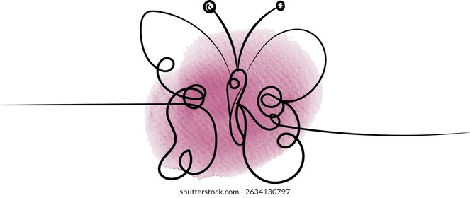 A butterfly drawn in one continuous line with a pink watercolor background.