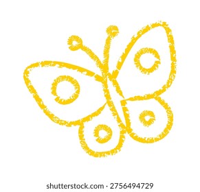 Butterfly drawn with rough wax strokes and round wing patterns in a childlike sketch style. Symbol of growth, spring, joy, and change, ideal for kids themes and learning. Cartoon vector illustration.
