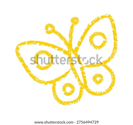 Butterfly drawn with rough wax strokes and round wing patterns in a childlike sketch style. Symbol of growth, spring, joy, and change, ideal for kids themes and learning. Cartoon vector illustration.