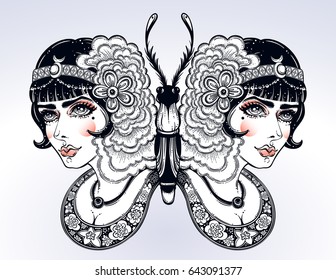 Butterfly is drawn in a vintage style of an old tattoo, portrait of a young deco-style lady is placed on butterfly's wings. Boho,tattoo,spirituality,poster,print,character design. Vector illustration.