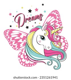 butterfly dreams unicorn,Beautiful illustration of cute little smiling unicorn with mane rainbow colors. Hand drawn picture for your design.