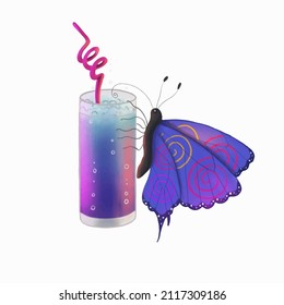 Butterfly drinks a cocktail. Design dedicated to party goers. Can be used for clothing print. Isolated stock vector illustration