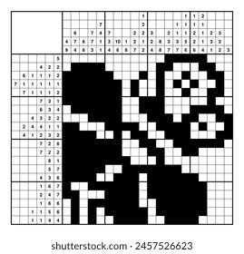 Butterfly drinks nectar from a flower. Nonogram, japanese crossword, educational game. Black and white, 20x20. Logical solution. Structured customizable EPS.