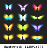 Butterfly Duotone isolated logos set. Bright colorfull butterflies wings, dynamic movement, blurred effect icons set. Abstract vector logotypes on black background