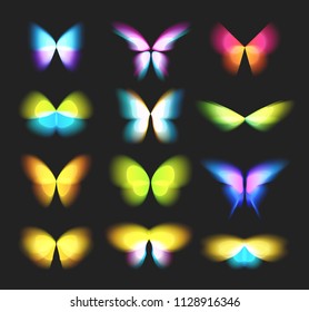 Butterfly Duotone isolated logos set. Bright colorfull butterflies wings, dynamic movement, blurred effect icons set. Abstract vector logotypes on black background