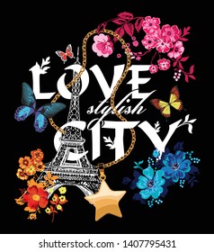 Butterfly and  eiffel tower with flowers vector art
