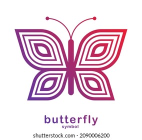 Símbolo vectorial lineal geométrico elegante de mariposa aislado sobre fondo blanco, mejor logotipo para salón de belleza o boutique o cosmetología o joyería, emblema femenino.