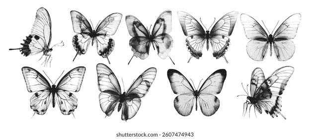 Butterfly elements of the retro photocopy effect. The effect of grain and dotted lines. Vector.
