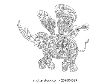 Butterfly Elephant Flying In Zentangle Style