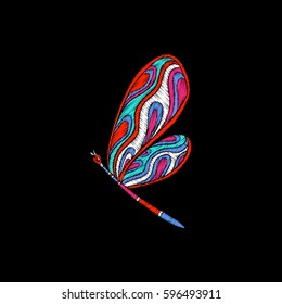 Butterfly. Embroidery. Embroidered design element in vintage style on a black background. Stock vector illustration.