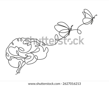 Butterfly emerging from a brain in continuous one line drawing. Transformation and mental growth. Editable stroke.
