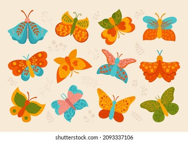 Butterfly exotic ornate set. Elegant butterflies and moths isolated collection. Abstract stylized tropical insect, bright wings. Wildlife childrens hand drawn symbol, decorative design elements vector