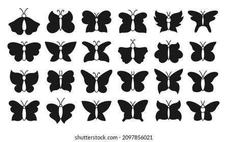 Butterfly exotic ornate stamp set. Stencil butterflies sign shape moths isolated doodle collection. Symbol stylized tropical insect wings. Wildlife childrens decorative design silhouette vector