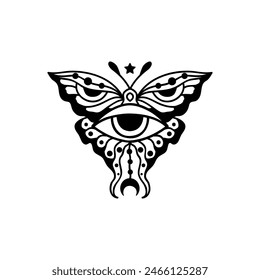 butterfly Eye boho. Lineart Vector illustration. Flower moon , Magic celestial witchcraft symbol. Masonic symbol. Hand drawn logo or emblem