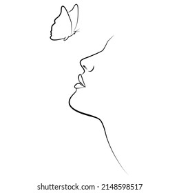 Butterfly and face. Continuous line, face drawing, fashion concept, minimalist beauty of a woman. A modern portrait.