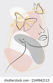 Mariposa y cara. Línea continua, dibujo facial, concepto de moda, belleza minimalista de una mujer. Un retrato moderno.