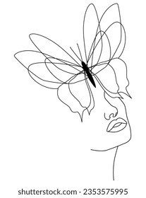 Mariposa. Cara de mariposa, línea continua, dibujo de cara y peinado, concepto de moda, belleza femenina minimalista.