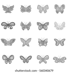 Butterfly fairy icons set in monochrome style isolated on white background