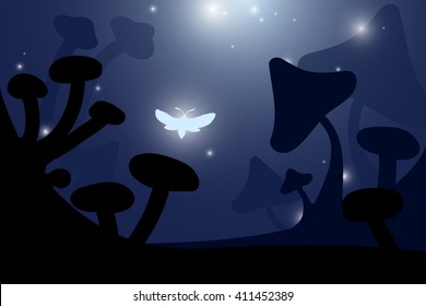 butterfly in fantasy mushroom landscape at night vector
