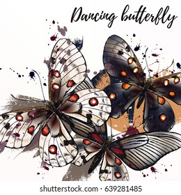 Butterfly fashion  illustration with butterflies and ink spots