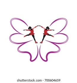 butterfly feathers & two female skaters in color-vector drawing