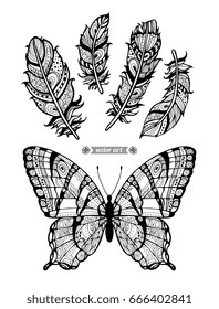 Butterfly and feathers. Wild insect isolated. Vintage vector. Coloring book page for adult. Creative bohemia concept for wedding invitation card, ticket, branding, logo, label, emblem. Black and white