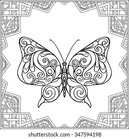 Butterfly in fecorative frame. Coloring book for adult and older children. Coloring page. Outline drawing