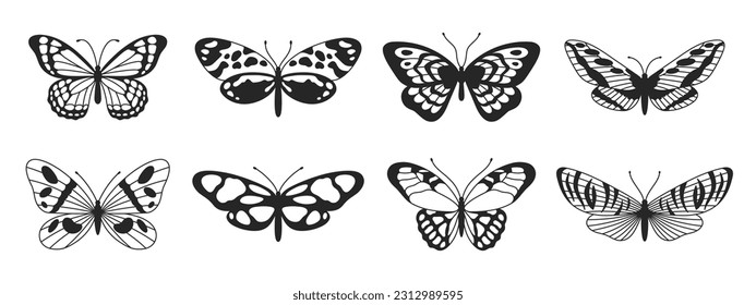 Butterfly fifth set of black and white wings in the style of wavy lines and organic shapes. Y2k aesthetic, tattoo silhouette, hand drawn stickers. Vector graphic in trendy retro 2000s style.