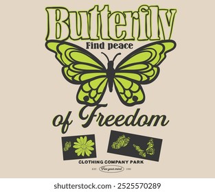 Mariposa encontrar la paz de la libertad.  Obra de arte de la naturaleza de la belleza. Mariposa con diseño de impresión de flores para camiseta, diseño de club de amor propio. Diseño de impresión trasera de camiseta mariposa.